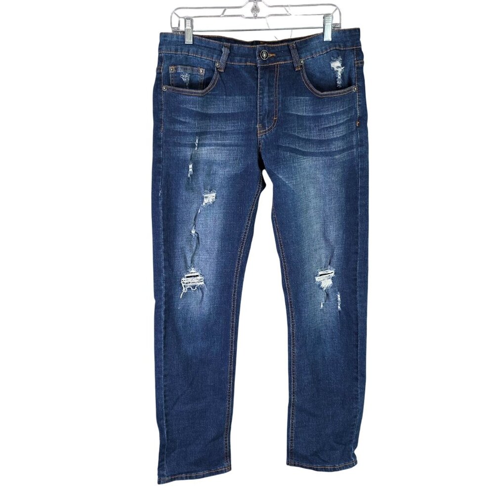 Mens Ring Of Fire Distressed Slim Denim Blue Jeans Cotton Blend Stretch 32X30